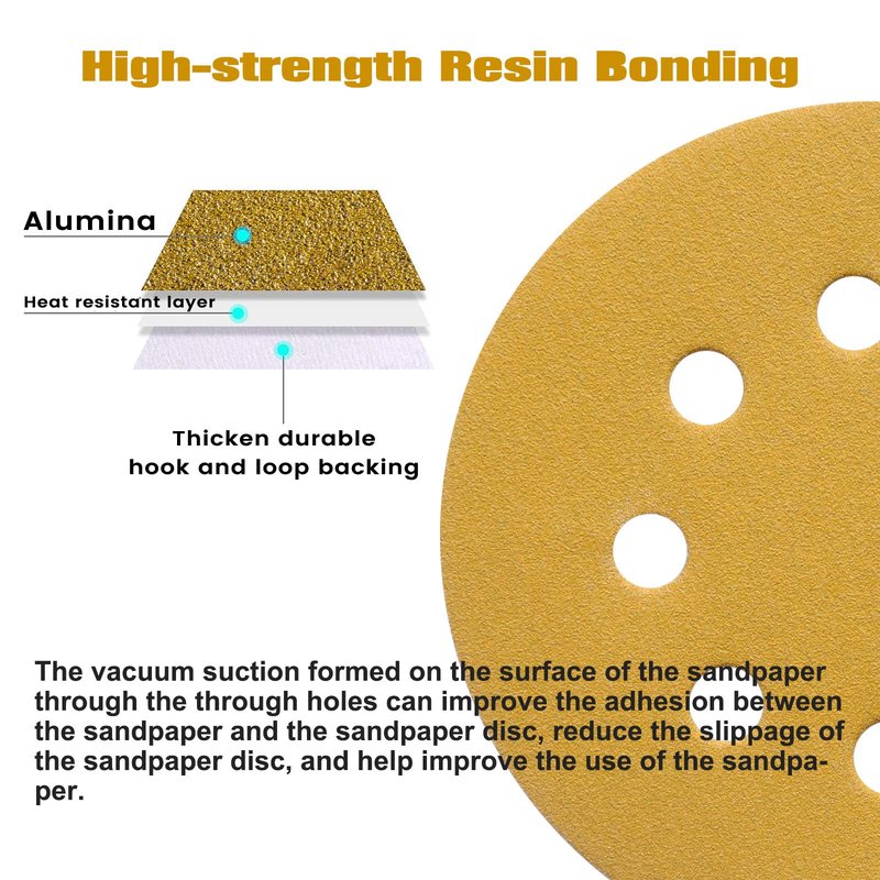 POTUINOM 100PCS 5 Inch 8 Hole Sanding Discs 120 Grit,Gold Round Hook and Loop Sandpaper for Random Orbital Sander