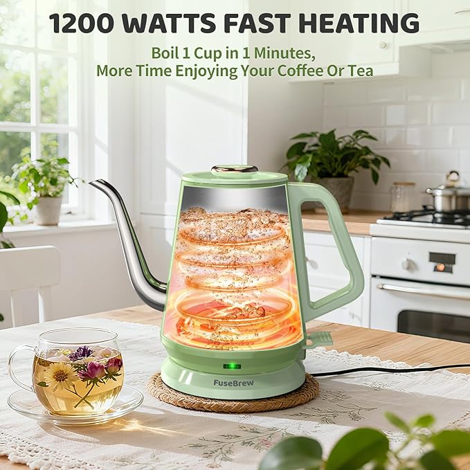 Gooseneck Electric Kettle(0.8L),1200 Watts Fast Boiling,Stainless Steel BPA Free,Automatic Shut Off,Pour Over Kettle for Small Kitchen,RV,Trip,Coffee & Tea- Green