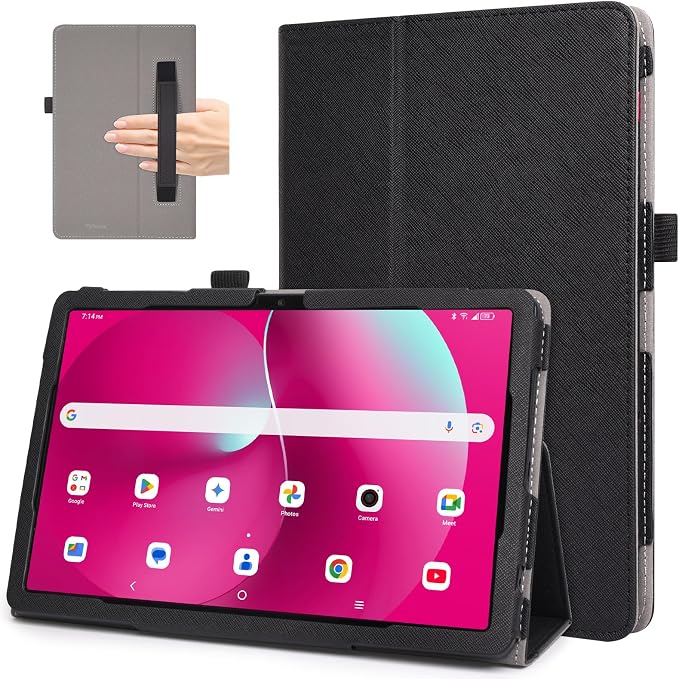 RSAquar Case for T-Mobile Revvl Tab 2 2025 Released 10.1 inch with Pen Loop Lightweight Folding Stand Cover with Hand Strap for Revvl Tab 2 Tablet Black