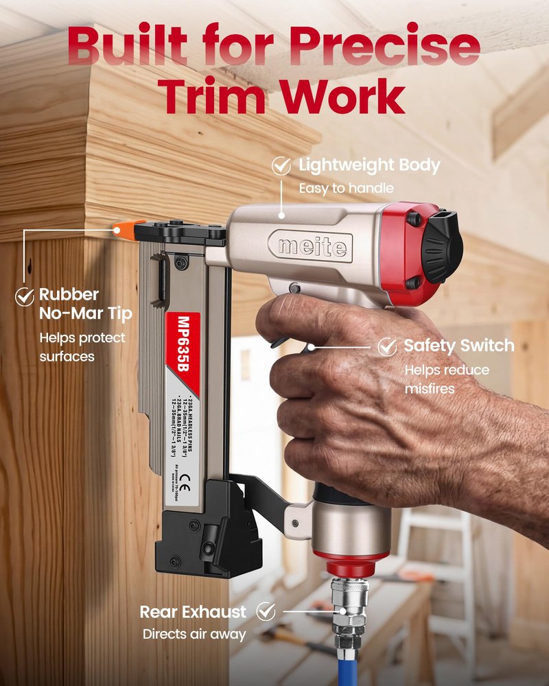 meite MP635B Pin Nailer with 6000 PCS Pin Nails (1/2", 5/8", 3/4", 1", 1-3/16", 1-3/8"), Pneumatic 23 Gauge Pin Nailer, Fits 1/2" to 1-3/8" 23 Gauge Pin Nails, Ideal for Paneling, Small Trim