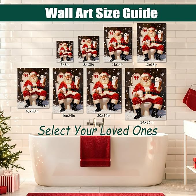 Vintage Humorous Santa Christmas Wall Art - Comical Canvas Print for Bathroom Decor, Ready to Hang Framed Picture, Perfect Funny Christmas Gifts & Quirky Holiday Decorations