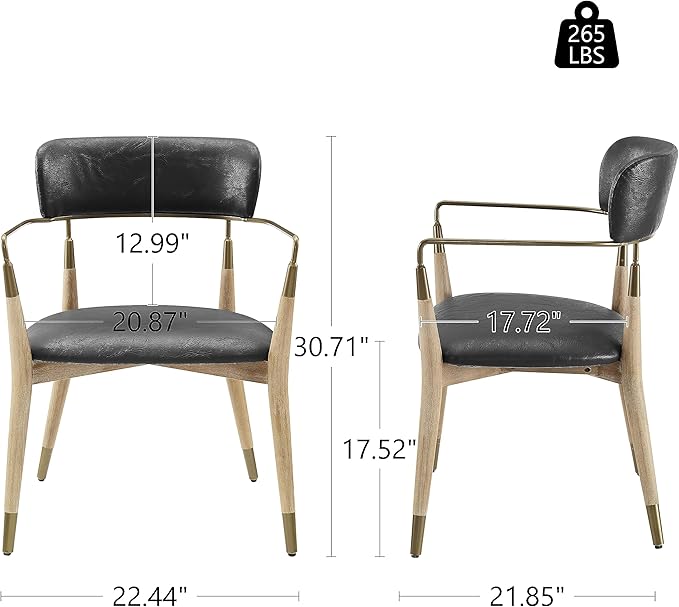 Art Leon Dining Chairs Set of 4 - Mid Century Modern Dining Room Chairs, Faux Leather Upholstered Accent Arm Chair with Open Backrest, Wishbone Chair with Wood Legs, Black, CC084