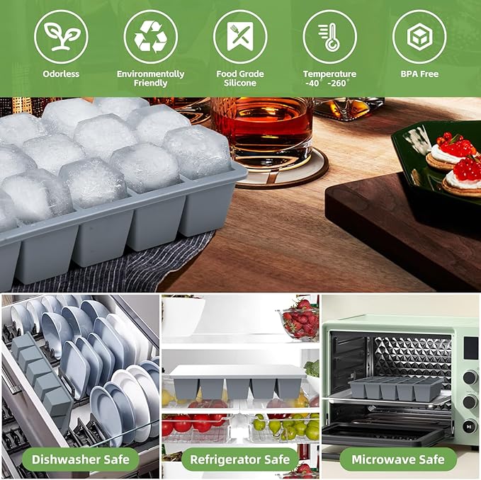 Silicone Ice Cube Tray, 2 Pack Easy-Release Stackable Ice Trays for Freezer with Lid 15 Reusable Cubes, Food Grade BPA Free Ice Molds for Whiskey, Baby Food, Coffee, Cocktail, Drinks (Grey)