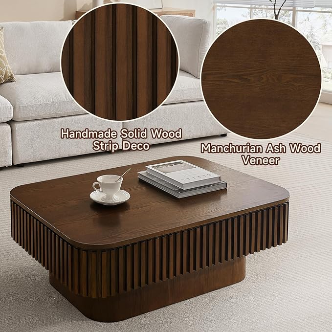 Lift Top Coffee Table for Living Room,Rectangle Handmade Solid Wood Strips, Fluted Coffee Table with Hidden Storage Compartment Small Space Office Apartment (38.6" L×26.8''W×13.8''H-Walnut)