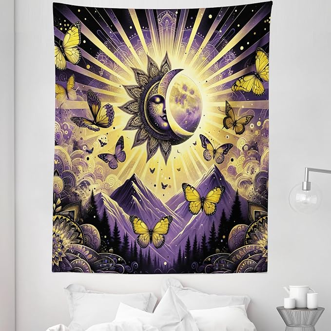 Ambesonne Boho Tapestry Twin Size, Sun and Moon Art Concept Esoteric Mountain Scene with Dancing Butterfly, Wall Hanging Bedspread Bed Cover Wall Decor, 68" X 88", Violet Mustard Dark Grey