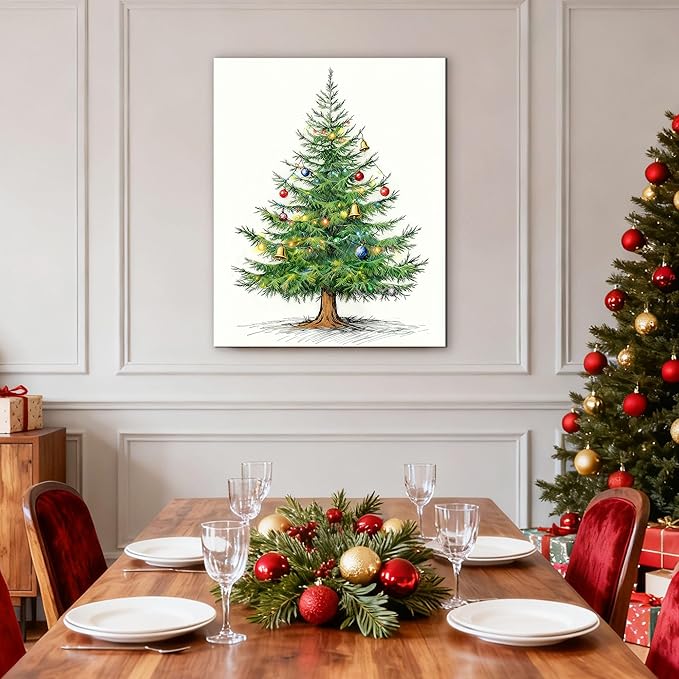 Framed Christmas Pictures Wall Decor,Vintage Pine Tree Prints,Winter Christmas Canvas Wall Art Decoration for Bedroom Bathroom Living Room Rustic Xmas Holiday Gifts (Christmas Tree 4, 24'' X 36'')