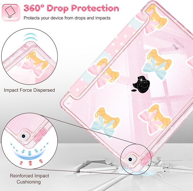 Mektron Sparkly Case for iPad 10.2 inch Glitter Tablet Cases for iPad 9th Gen 2021/8th Gen 2020/7th Gen 2019 Cover with Shiny Clear Back Shell Foldable Bling Smart Cover Blue Floral