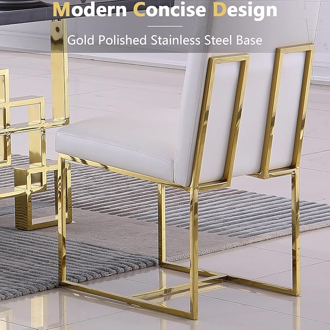 AUZ Dining Chairs Set of 8, White Faux Leather Dining Room Chairs with Gold Stainless Steel Sled Legs