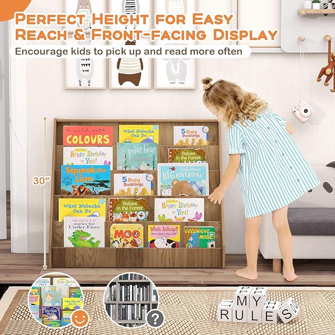 GLACER Kids Bookshelf, 5 Tier Wooden Montessori Book Display Rack, Front Facing Toddler Bookcase, Toy Storage Organizer, Book Shelf for Kids Rooms, Nursery, Classroom and Playroom (Natural)