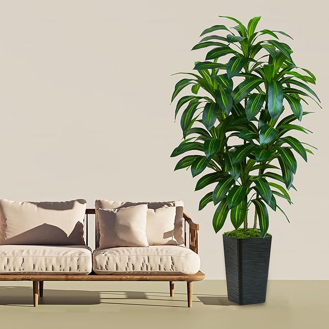 Artificial Dracaena Plant 6FT Tall - Fake Tree with Black Planter - Faux Yucca Tall Fake Floor Plant in Pot - Artificial Trees for Home Bedroom Office Indoor Living Room Decoration