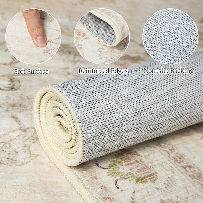 6x9 Soft Washable Area Rugs for Living Room and Bedroom, Non-Slip Stain Resistant Indoor Carpet, Cozy Floor Mat for Dining Room, Office, Under TableStain Resistant Persian Beige Floral