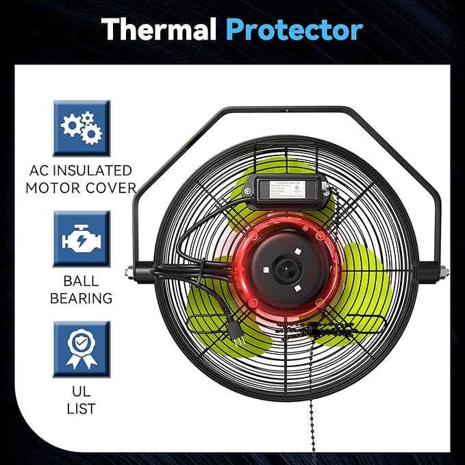 Fanqiebros 12 IN High Velocity Wall Mount Fan, 3 Speed Industrial Wall Fan with Sealed Motor, 2500 CFM Adjustable Air Circulator for Garage, Commercial, Greenhouse, Warehouse & Gazebo Use, UL Listed