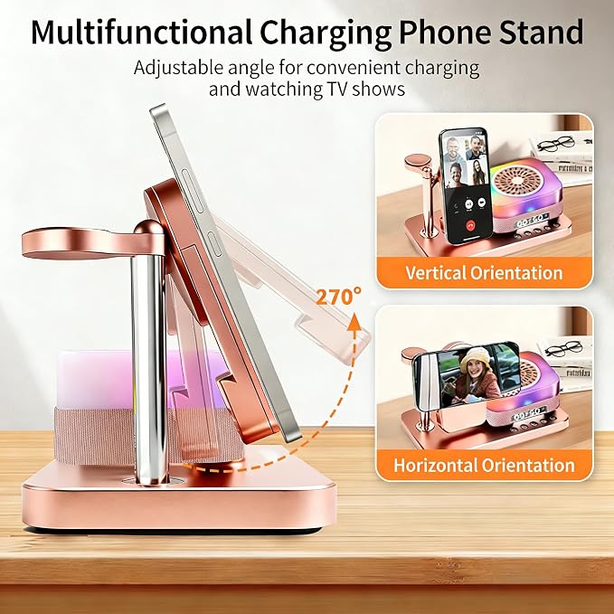 8-in-1 Desktop Charging Station with Bluetooth Speaker RGB Ambient Light Digital Clock Phone Stand Wireless Charger for Phone Watch and Earbuds Black/White (Black)