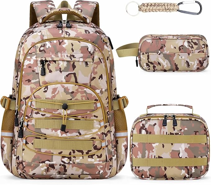 School Backpacks for Boys - 4pcs Camo Boys Backpacks with Lunch Box Set for Kids Teens Elementary Middle School, 18″ Large Capacity Students Bookbag, Perfect for Travel
