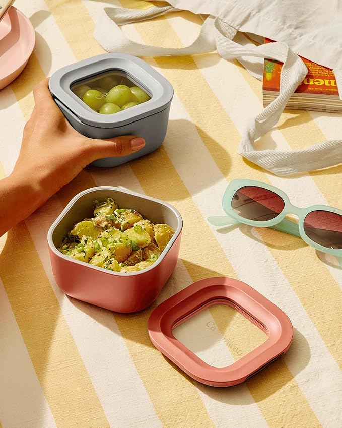 Caraway Mini Square Food Storage Container - 1.75 Cup Glass Storage Container for Food - Non-Toxic Ceramic-Coated Glass - Air Release Technology - Compact & Stackable Design - Sage