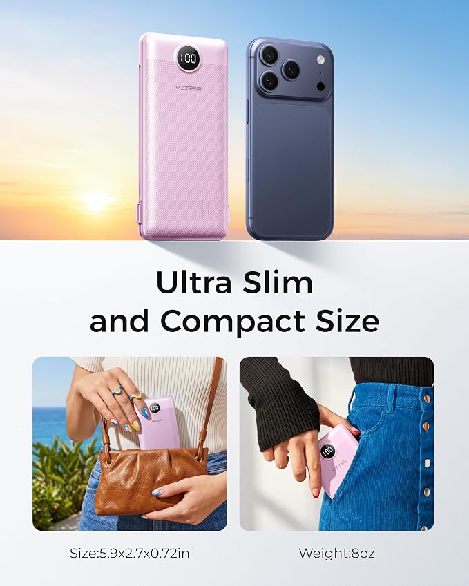 VEGER Portable Charger for iPhone Power Bank Built in Cable and Wall Plug | 10000mAhUltra Slim&ampCompact5 OutputsLED DisplayFlight-SafeTravel Essentials Battery Pack for iPhone 17iPad Samsun