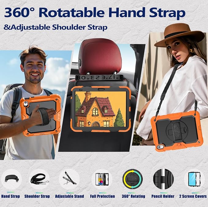 Weuiean Case for iPad A16 11th/10th Generation 11/10.9 Military-Grade Heavy-Duty Shockproof Cover with 360° Rotating Stand Built-in Pencil Holder &amp Adjustable Hand/Shoulder Strap - Black