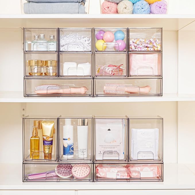 Vtopmart 7.6" H Clear Stackable Storage Drawers, 4 Pack Plastic Organizers Bins for Skincare, Cosmetics,Beauty Supplies,Ideal for Vanity, Bathroom,Kitchen Countertop,Cabinet Organization
