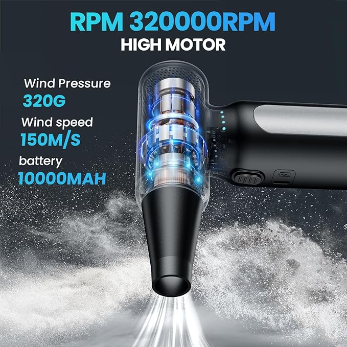 Electric Compressed Air Duster - 32,0000 RPM Rechargeable Cordless Air Blower for PC, Computer Keyboard Cleaning Kit - Mini Battery Powered Air Duster for Electronics, Car, Home - Replaces Air Cans