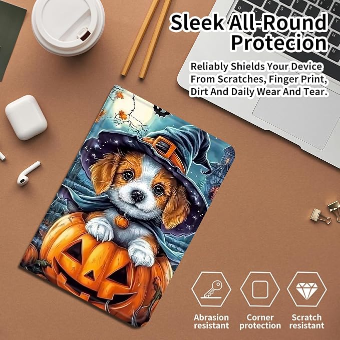 Case for Amazon Fire 7 Tablet 2019/2017 Release 9th/7th Generation PU Leather Smart Protective Cover with Auto Sleep/Wake for Fire 7 2019Dog Wearing Witch Hat Pumpkin
