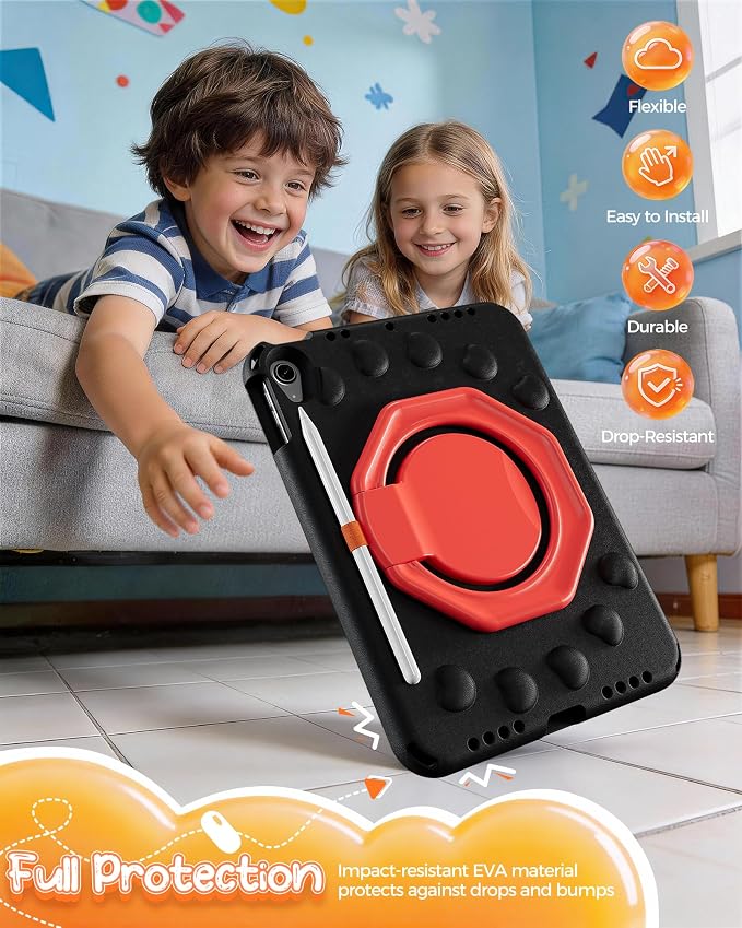 ProCase Kids Case for iPad 11th(A16)/10th iPad Air 11 M4/M3/M2 Air 5/4th | Shockproof Cover 360° Ring Stand Pencil Holder Shoulder Strap Drop &amp Scratch Resistant for Toddler Tablets -Black