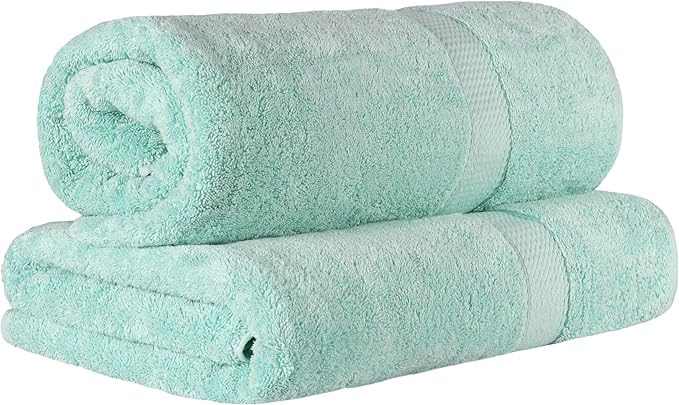 Superior Egyptian Cotton Pile Bath Sheet Set of 2, Ultra Soft Luxury Towels, Thick Plush Essentials, Absorbent Heavyweight, Guest Bath, Hotel, Spa, Home Bathroom, Shower Basics, Sea Foam