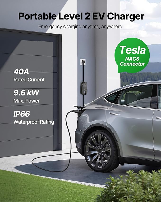 VEVOR Level 2 Tesla Charger, 40 Amp Adjustable Current, 240V Portable Home Electric Car EV Charger with 25 ft Charging Cable, NEMA 14-50P Plug, LCD Display, NACS Connector, for Tesla Model Y/X/3/S