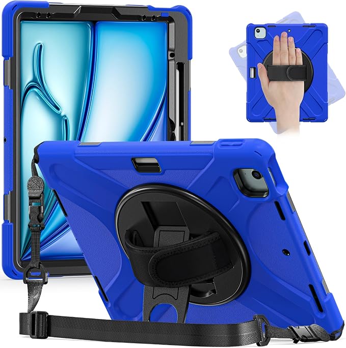 Batianda VortiGrip Case for iPad Air 11 M2/M3/M4 2024-2026 Colorful Blue | Heavy Duty Triple-Layer Rugged Case with 360° Rotating Hand Strap Foldable Hidden Stand Shoulder Strap and Pencil Holder