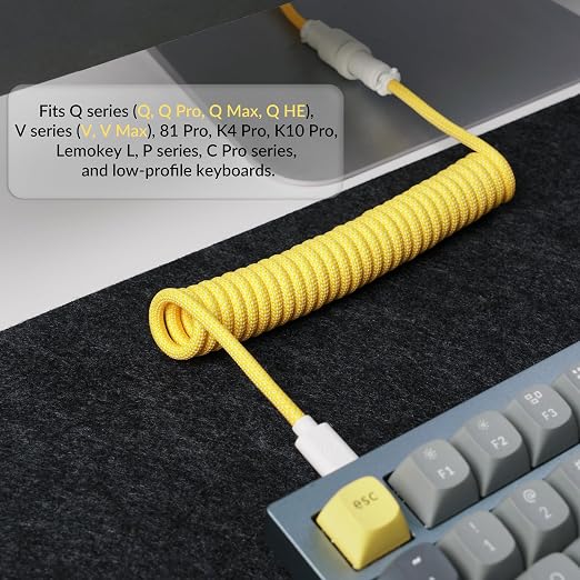 Keychron Custom Coiled Aviator USB-C Cable Black 5-Pin (GX12) Detachable Metal Connector USB-A Adapter Durable Braided Cable for Mechanical Keyboards Charging &amp Data Transfer