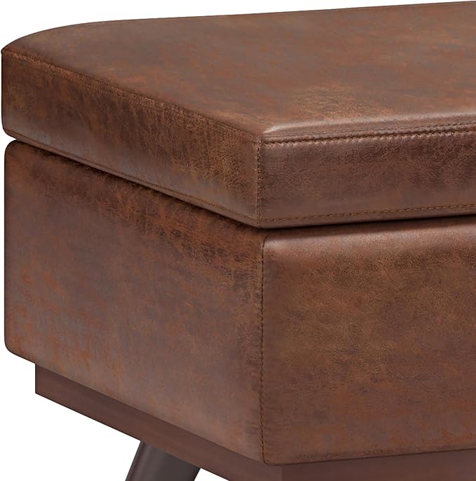 SIMPLIHOME Owen Lift Top Coffee Table Storage Ottoman - 42 inch Wide Upholstered Vegan Leather Rectangular Lift-Top Ottoman in Distressed Saddle Brown, Mid-Century Modern Ottoman for Living Room
