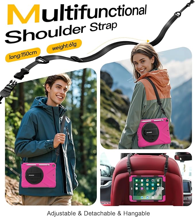 BRAECN Case for iPad 6th/5th Generation - 9.7 inch 2018/2017 Black | Protective Heavy Duty Shockproof Rugged Cover for Kids/Adults 360° Rotating Hand Strap/Stand &amp Detachable Shoulder Strap