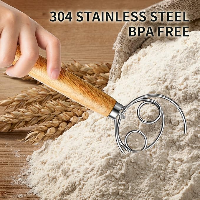 TEEVEA Danish Dough Whisk Stainless Steel Wooden Handle for Sourdough Bread