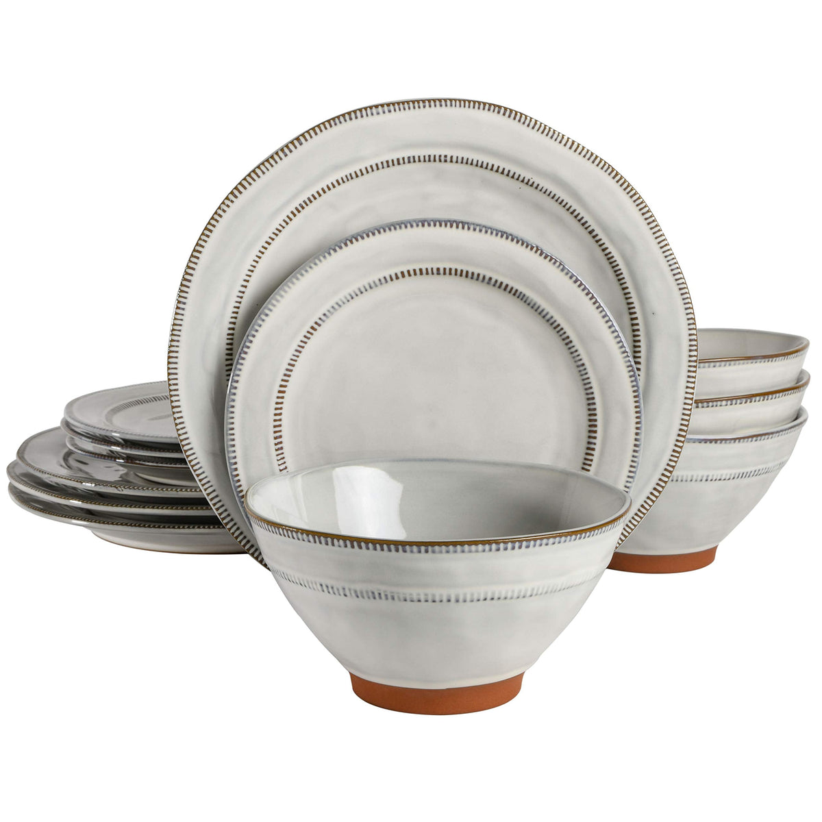 Gibson Elite 12 Piece (Service for 4) Townscape Plates and Bowls Reactive Glaze Embossed Round Dishes Terracotta Ceramic Dinnerware Set - Dark Green
