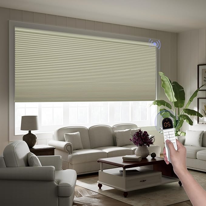 Boolegon Motorized Blinds with Remote, 100% Blackout Smart Blinds, Automatic Cellular Shades for Windows, Rechargeable Electric Honeycomb Shades for Home,Blackout Beige,Custom Size