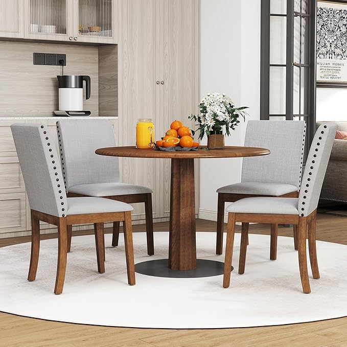 Giantex Upholstered Dining Chairs Set of 4, Kitchen Chair w/Nailhead Trim, Rubber Wood Legs, Padded Seat, Mid Century Armless Side Chair, Comfy Accent Parson Chairs for Restaurant, Living Room
