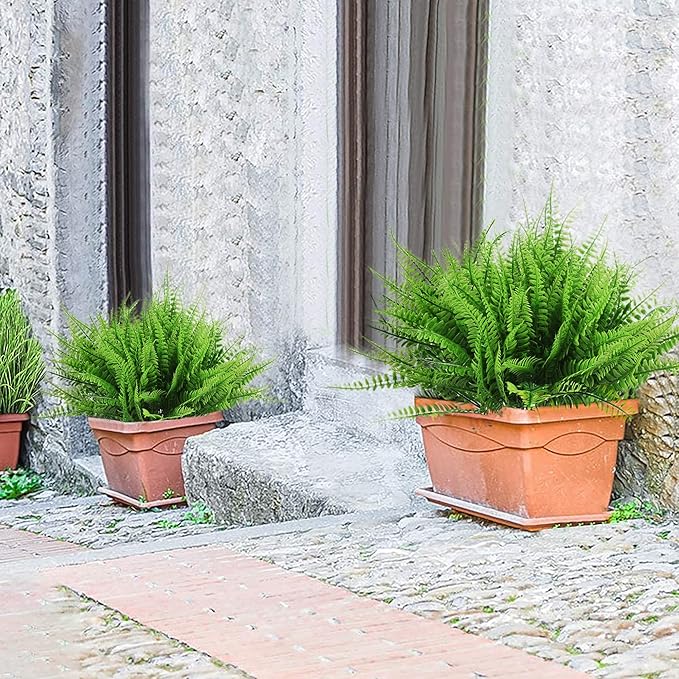 8 Bundles Ferns Artificial Plant Flower Outdoor Fake Boston Fern Bushes UV Resistant Plastic Faux Fern Greenery Stems Leaves for Home Indoor Outside Ground Porch Garden Arrangements Décor