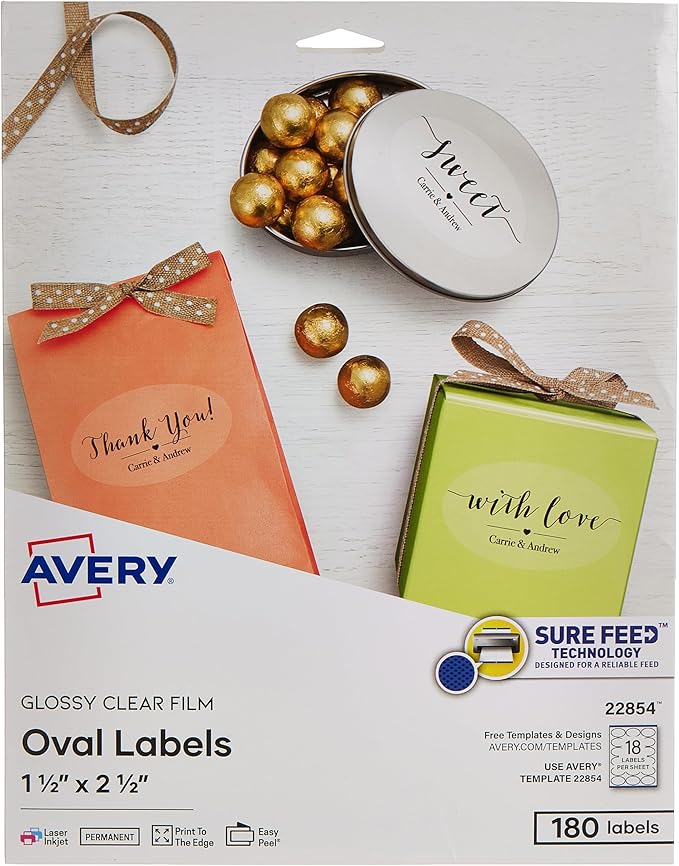 Avery Printable Blank Oval Labels, 1.5" x 2.5", Glossy Crystal Clear, 180 Customizable Labels (22854)