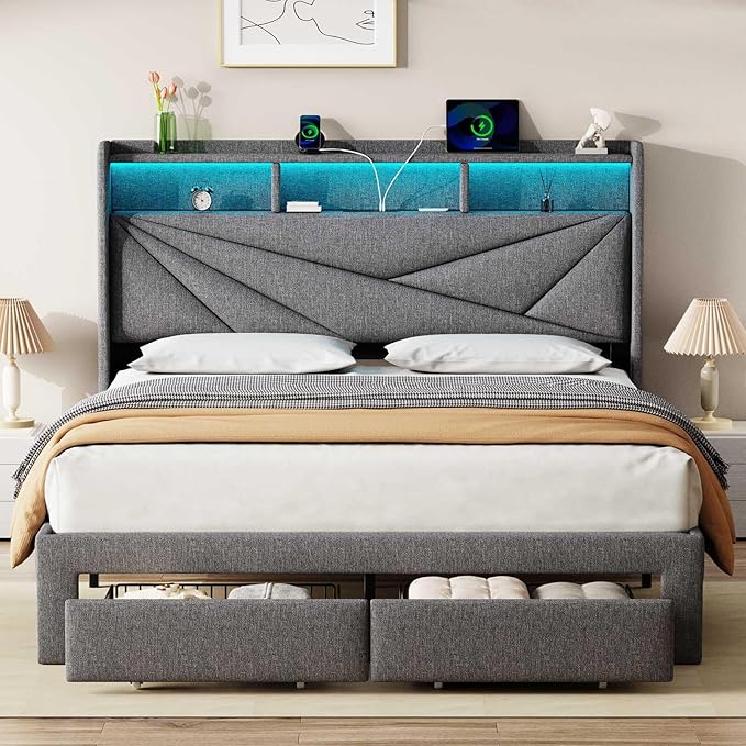 LED Full Size Bed Frame with 2 Storage Drawers, Upholstered Full Bed Frame with Headboard and Charging Station, No Box Spring Needed, Easy to Assembly-Light Grey