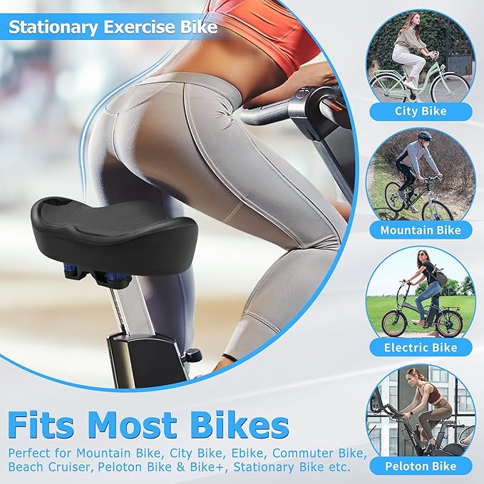 Noseless Oversized Bike Seat for Men Women Comfort, Extra Wide Padded Bicycle Seat Cushion, Large Comfortable Bike Saddle for Peloton, Stationary Exercise Bike, Beach Cruiser, City Bike, Ebike
