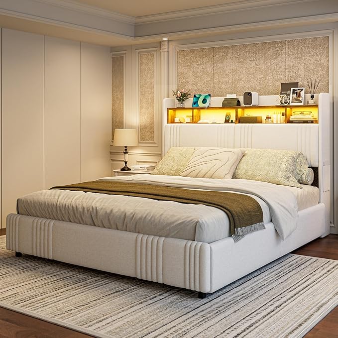 IKIFLY 49.2” Tall California King Bed Frames with 4 Storage Drawers, Upholstered Wingback Hidden Storage Headboard with LED Lights & Charging Station, No Box Spring Needed, Noise Free, White