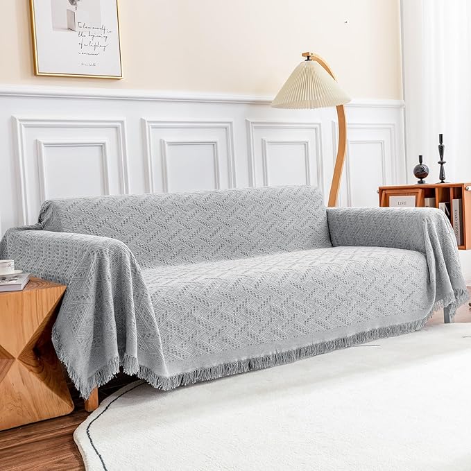 Deep Dream Sectional Couch Cover - Geometrical Jacquard Fabric Sofa Cover (Large, 71" x 102", Light Grey) for Dogs & 3 Cushion Couch