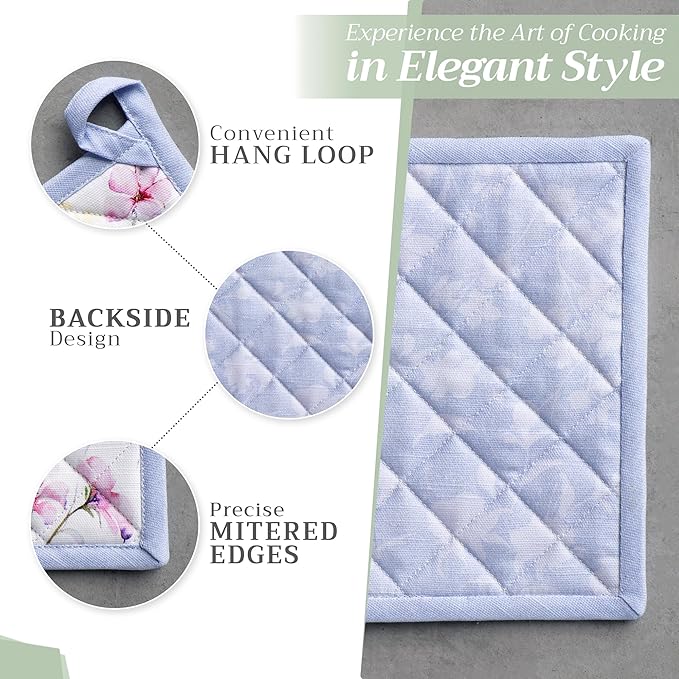 Maison d' Hermine Pot Holders Set 100% Cotton Heat Resistant Potholders 8" x 8" Hot Pads with Loop BBQ, Cooking, Baking, Grilling, Kitchen, Handling Hot Pans Spring/Summer (Pack of 2, Summer Floral)