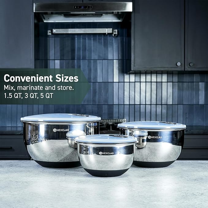 HexClad 3 Piece Stainless Steel Mixing Bowl Set with Vacuum Seal Lids