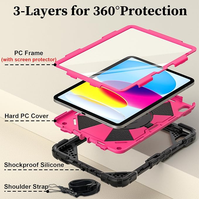 Nitupai Case for iPad 10th Generation 10.9 Inch 2022 / iPad A16 Case 11 Inch 2025 with Screen Protector 10th Gen Cover for Kids Pencil Holder 360° Rotating Stand Shoulder Strap Black Black