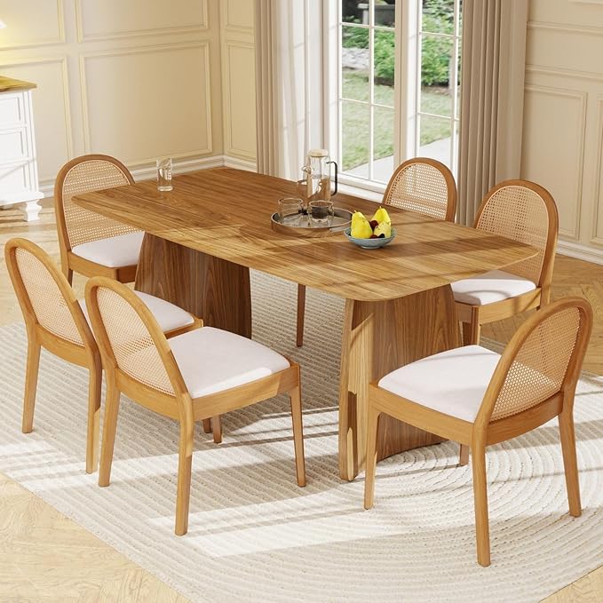 LukeAlon Modern Linen Dining Chairs Set of 6, Natural Woven Rattan Cane Back Side Chairs with Solid Wood Legs Mid Century Dinner Chairs for Kitchen Living Room, Beige