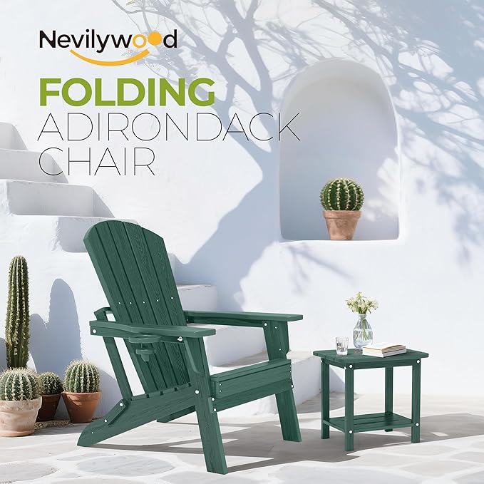 nevilywood Folding Adirondack Chair with Cup Holder Set of 4, HDPE Patio Chairs,All-Weather Outdoor Chairs for Backyard, Deck,Fire Pit-Green