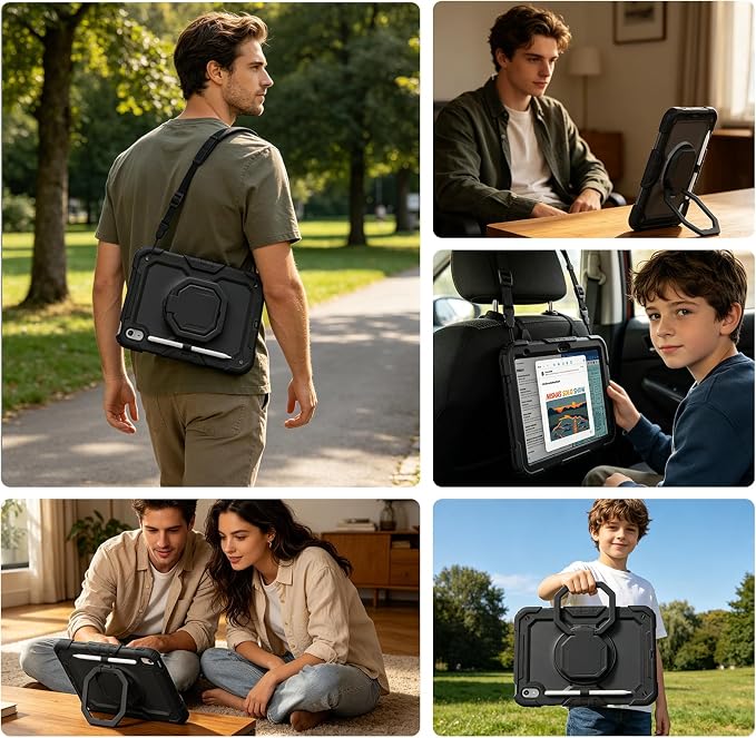 Case for iPad (A16) 11th/10th Generation 11/10.9 2025/2022 Black | Full-body Heavy Duty iPad A16 Case for Adults Kids with Screen Protector 360° Rotating Stand Shoulder Strap Pencil Holder