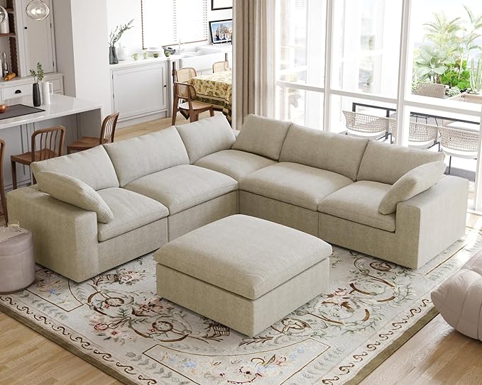 JACH V Shape Couch Sectional for Living Room, Deep 5-Seats Modular Convertible Sofa, Couch Cushion Covers Removable, Cloud Sofas with Chaise Ottoman for Living Room, Apartment (Khaki)