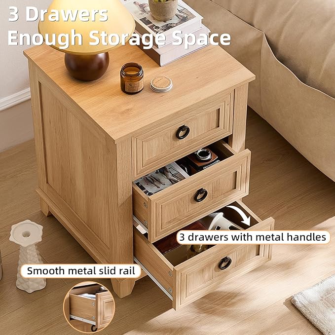 18" Farmhouse Night Stands Set of 2 with 3 Drawers, Wood Bedside End Table, Natural Nightstand, Bed Side Table Cabinet with Metal Handle for Bedroom Living Room, Closet