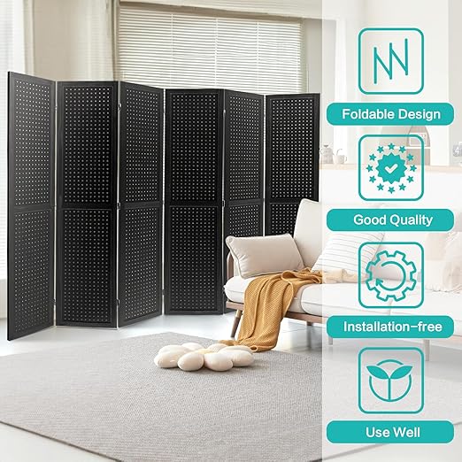 Babion 6 Panel Pegboard Display, Peg Board Room Divider Freestanding Folding Privacy Screens Display Stand for Craft Shows (Black)